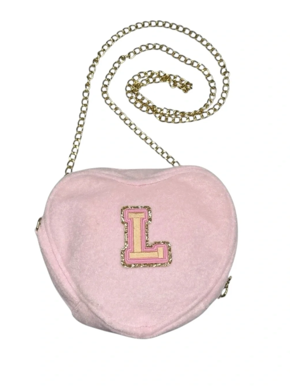 SCL x Target ☻︎ Terry Heart Crossbody Bag ☻︎ Smiley L Initial Patches ☻︎ Pink ☻︎